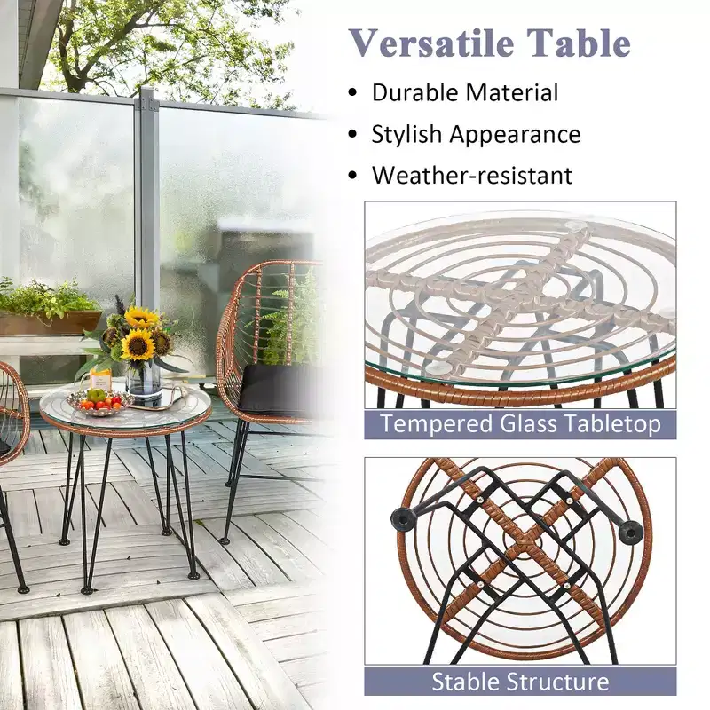 Costway 3PCS Patio Rattan Bistro Set Coffee Table Armchair Garden
