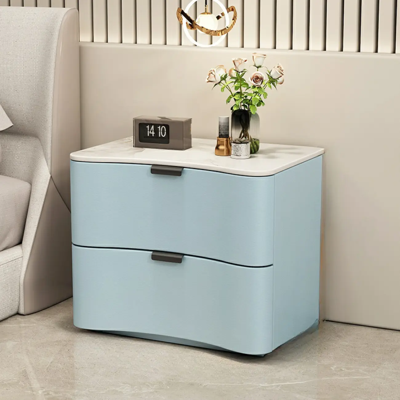 Modern Waved Stone Top Leather 2-Drawer Nightstand