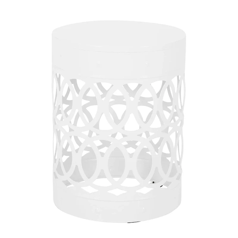 Feio Outdoor Side End Table 14 Inch Round Geometric Pattern White Iron