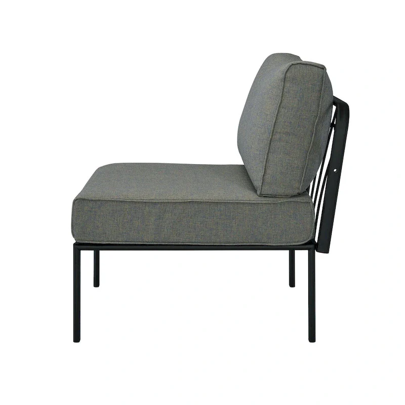 Patio Furniture Set: Armless Chair, Arm Chair, and Ottoman in Gray Fabric & Black Finish