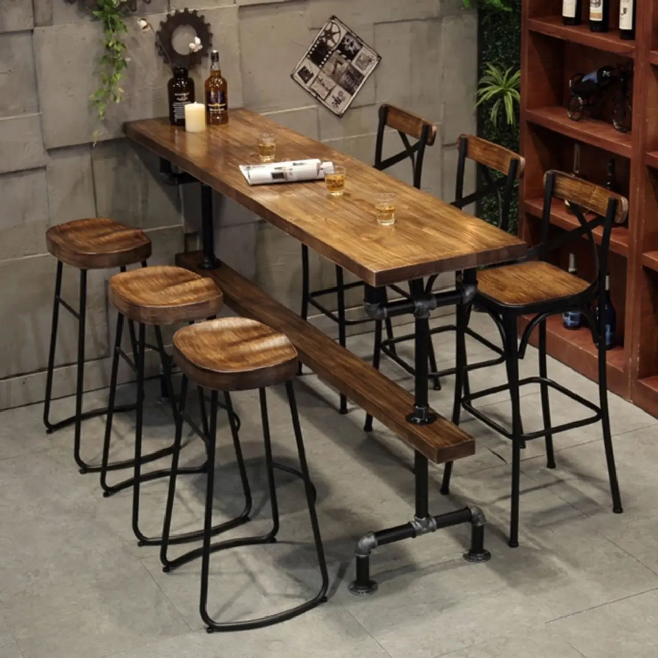 Rectangle Distressed Brown Wood Bar Table With Footrest