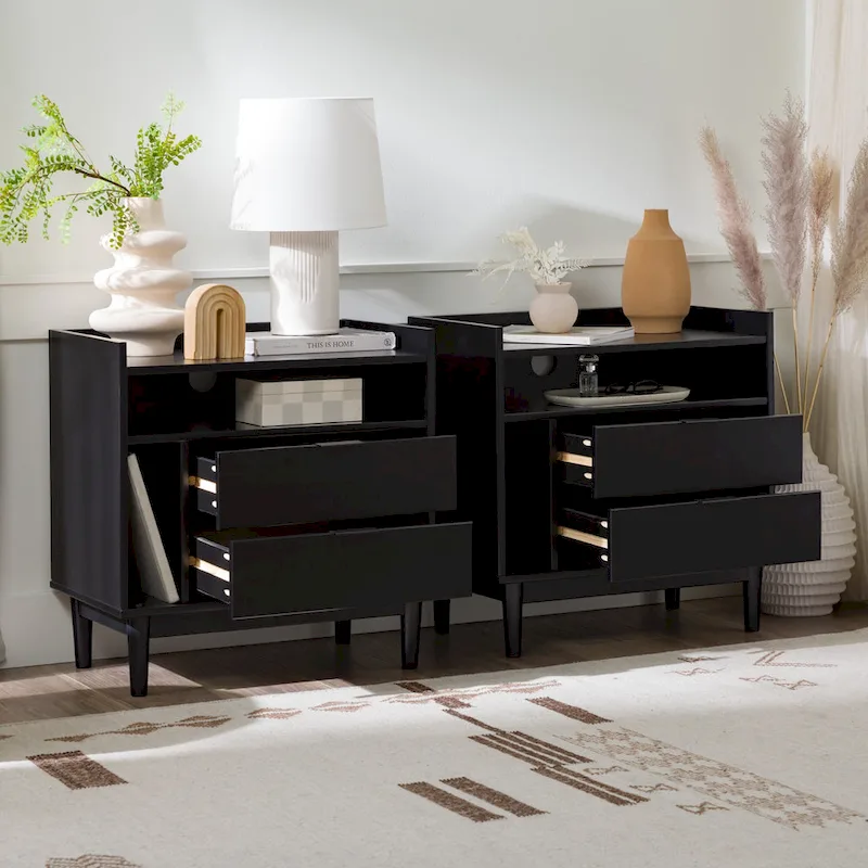 Caramel / White / Black Solid Pine Wood Nightstand Set of 2