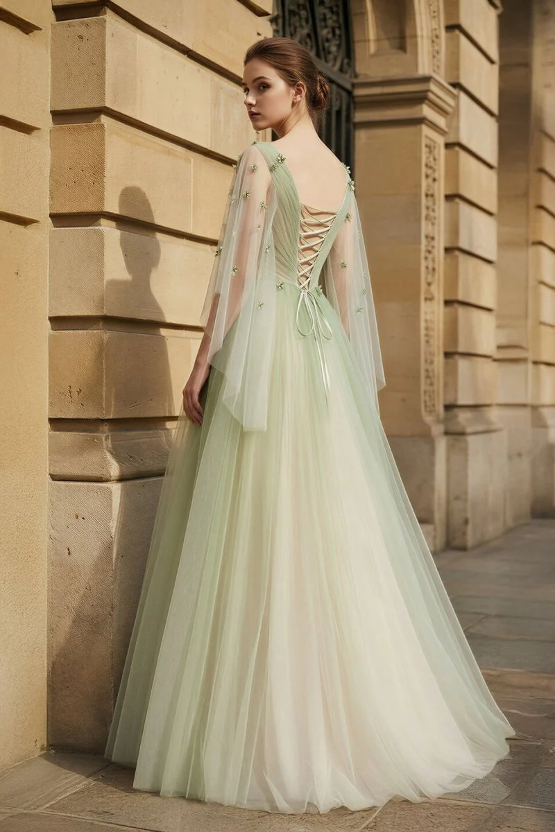 Sage Long Sleeves A Line Tulle Prom Dress With Appliques
