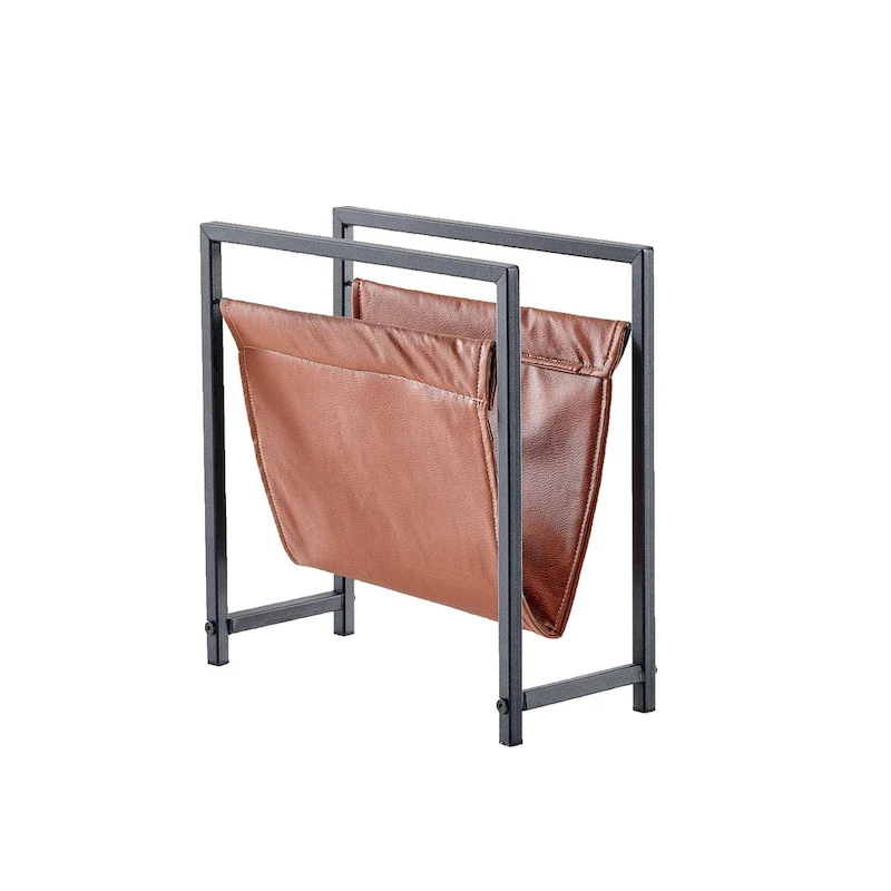 Freestanding Matte Metal Frame Leatherette Sling Magazine Holder