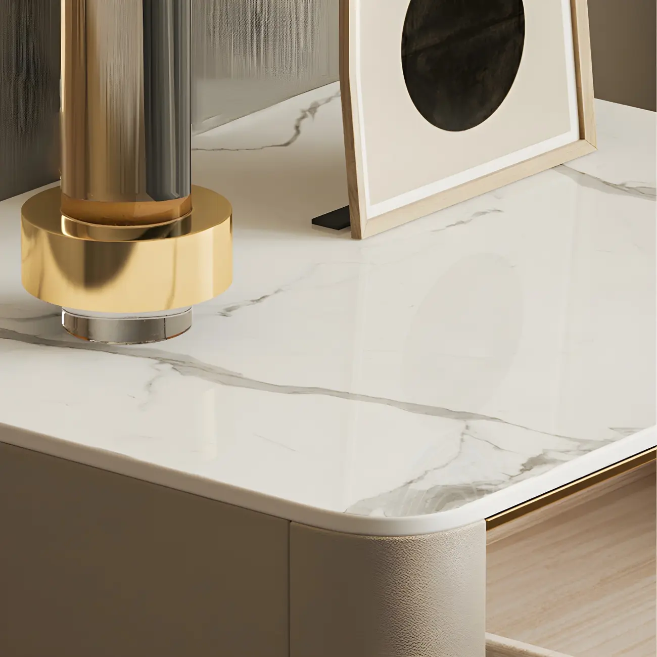 Low Beige Leather Stone Top Floating Nightstand with Drawer