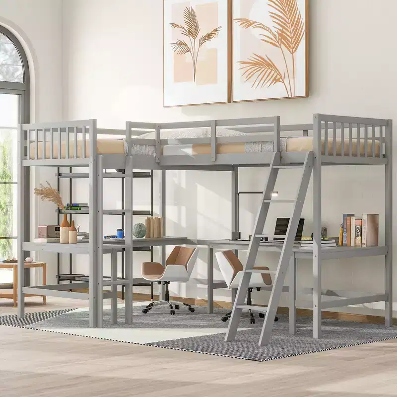 Whisen 119''L  79.5''W Wood Twin Size L-Shaped Loft Bed with Ladder and 2 Built-in L-Shaped Desks