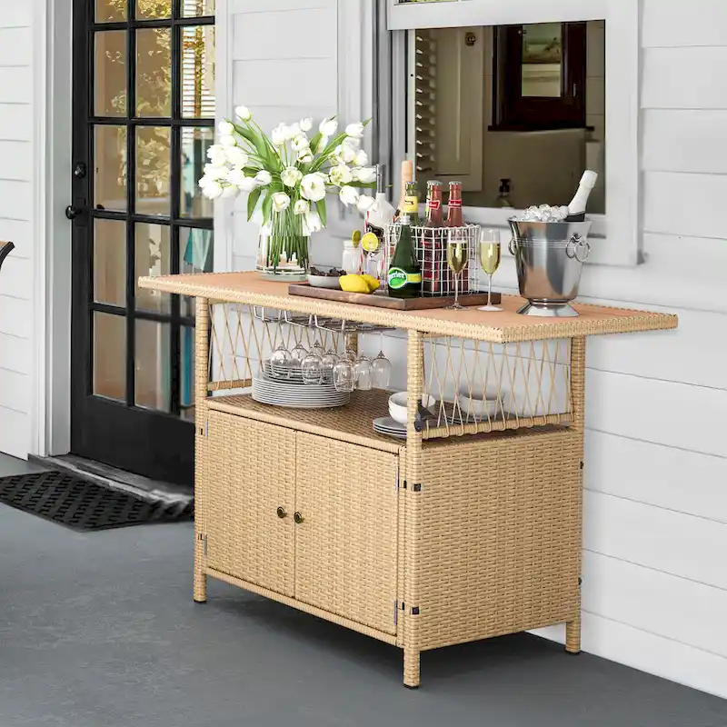 Moasis Outdoor Storage Cabinet Patio Wicker Bar Counter Backyard Furniture w/Plastic Wood Tabletop - 50.4 L x20.9 W x 33.9 H