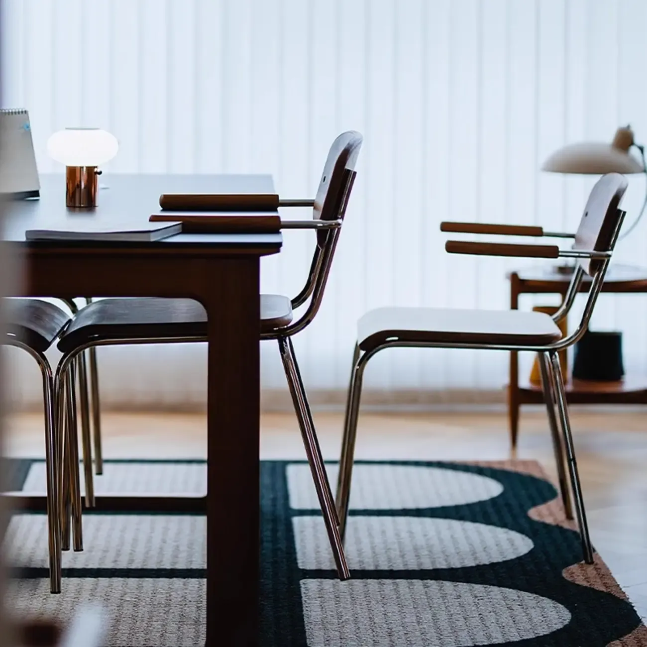 Retro Wooden Dining Chair with Armrests & Chrome Frame