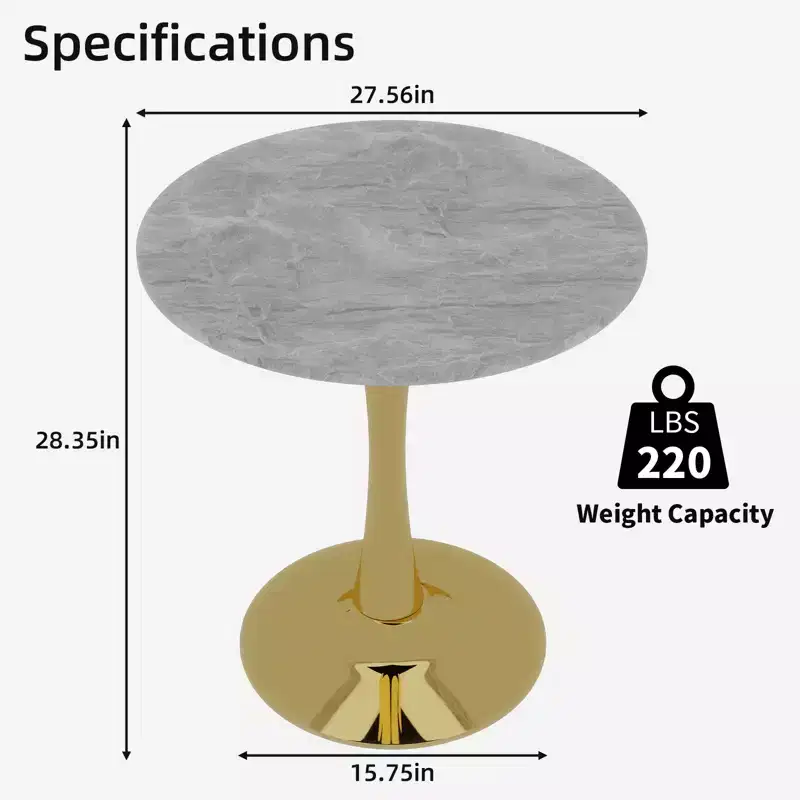 JVNOXK 27.6 Gold Round Coffee Table, Mid-Century Modern with Light Gray Textured Marble-Effect Top for 2C4 People