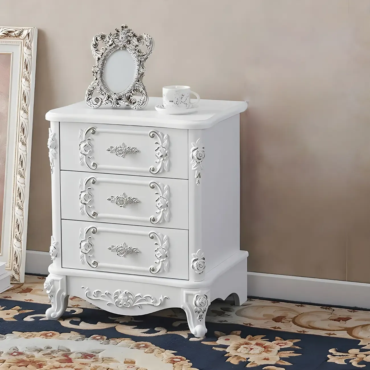 Traditional White Wood Carved 3-Drawer Nightstand