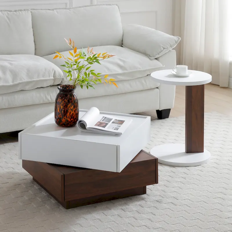 2 Set Coffee table,Rotating Table with 2 Drawers,High wood 2-Tier Center Table with Storage,Square Table with Swivel Tabletop