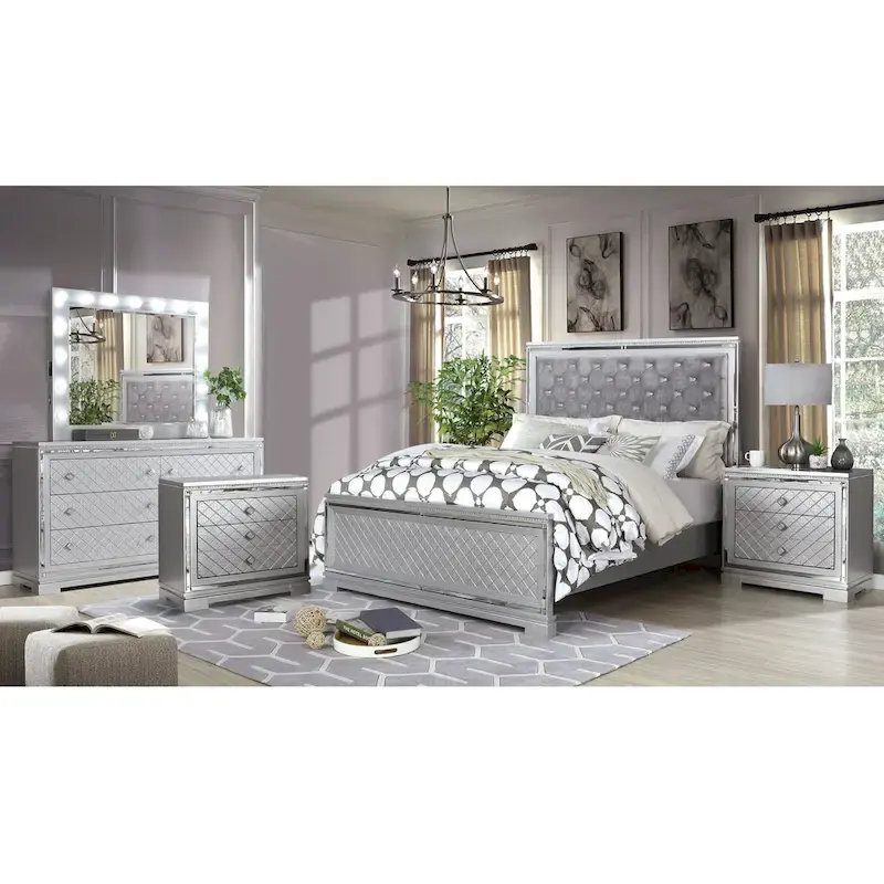 Grey Glam Silver 5-Piece Tufted Panel Bedroom Set, 2-Person
