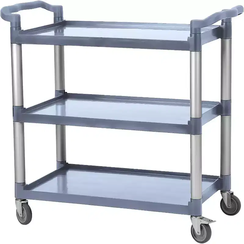 3 Tier Plastic Service Utility Cart with Wheels, Lockable Wheels, Metal Frame, Office/Kitchen/Hotel Food Service/Commercial/Restaurant
