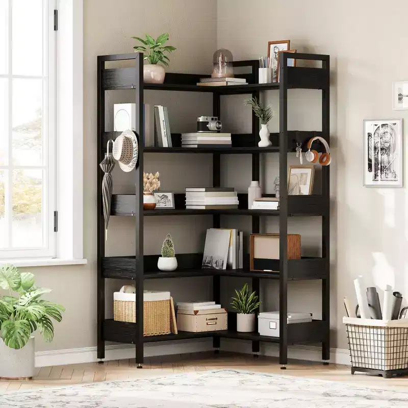 5-Tier Corner Bookshelf, Convertible l-Shaped Bookcase with Industrial Metal Frame, Multi-Functional Storage Shelf for Home Office,Bedroom