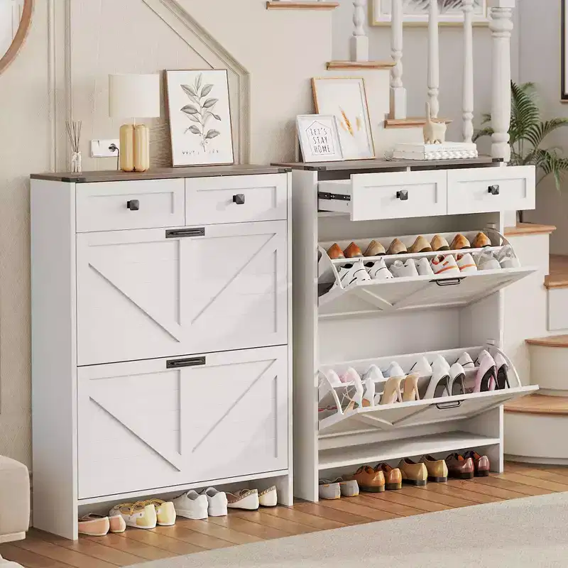 Shoe Storage Cabinet with 2 Flip Drawers and 2 Storage Cabinet, Entryway Shoe Rack, Farmhouse Wooden Shoe Cabinet for Hallway, Entryway, White