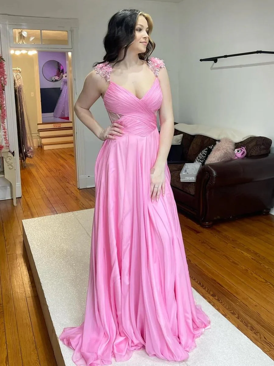 Pink Pleated Chiffon A-line Long Prom Dress