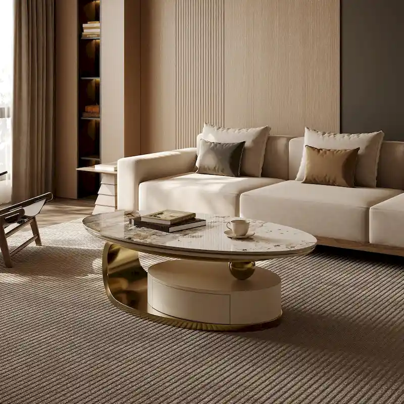 51 Modern Oval Coffee Table, Sintered Stone Top, Gold legs, Drawer - 51.2 X 27.5