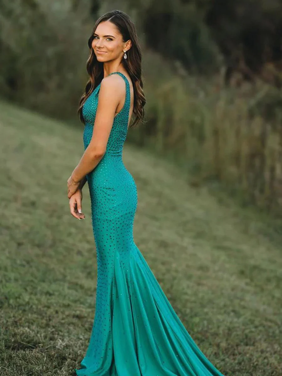 Mermaid Deep V-Neck Beaded Satin Long Prom Dress