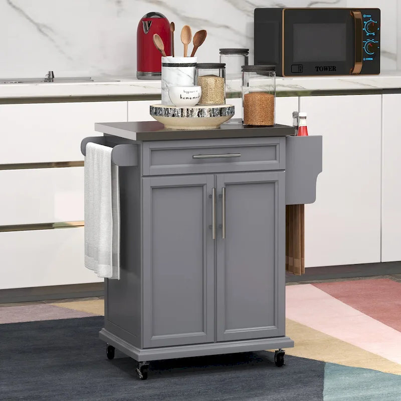 Kitchen Island on Wheels, Rolling Kitchen Cart with Stainless Steel Countertop, Drawer, Towel Rack and Spice Rack