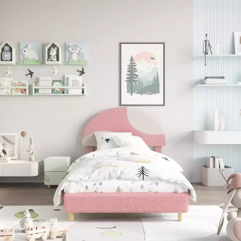 Senfot Twin/Full Bed Frame with Round Pink&White Boucle Headboard - Upholstered Arch Design, Wood Slat Support, No Box Spring Needed, Easy Setup