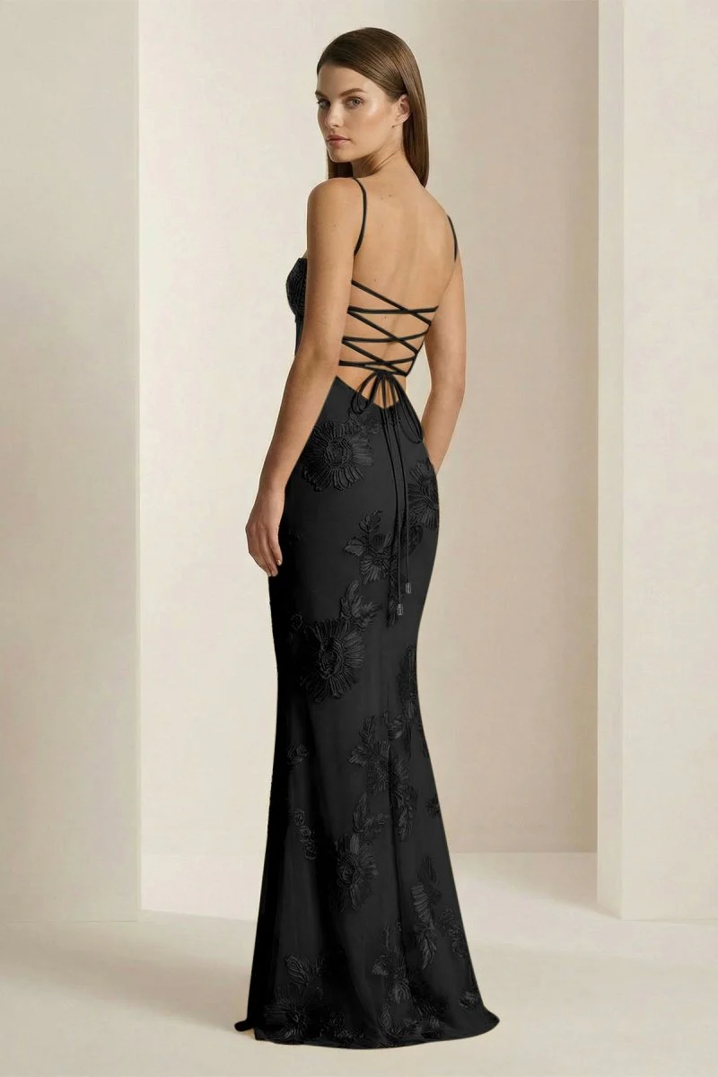 Yellow Spaghetti Straps Sheath Long Prom Dresses With Floral Embroidery