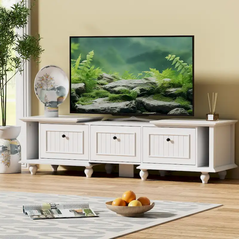 White Extendable TV Stand with Storage, Fits up to 85