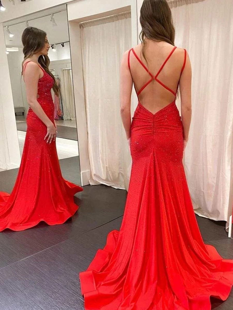 Mermaid V Neck Beaded Satin Prom Dress