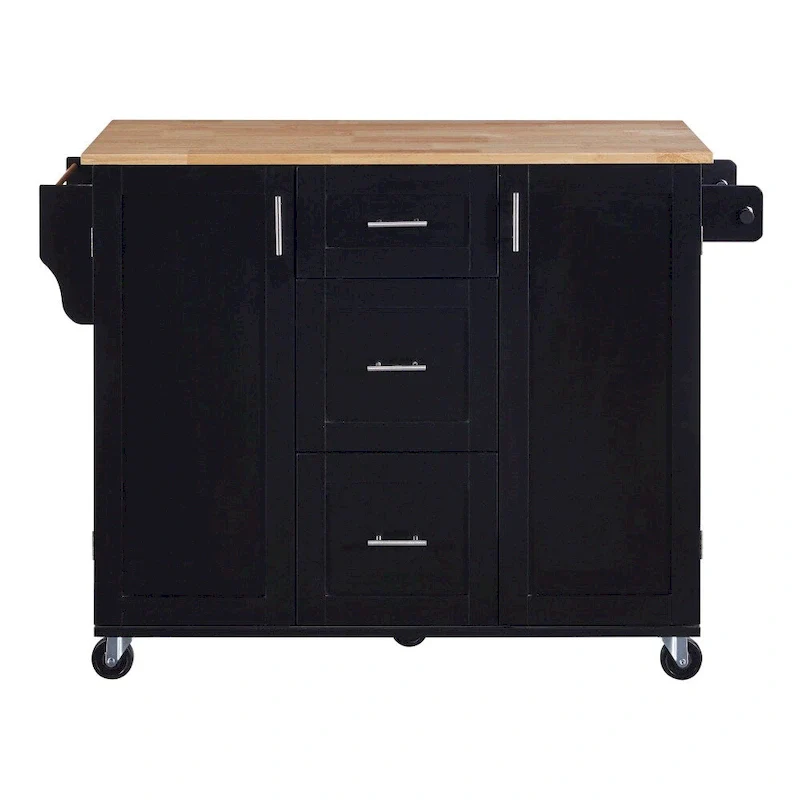50 in. W Kitchen Island Rubberwood Top on 5 Wheels with 3 Drawers and 2 Slide-Out Shelf