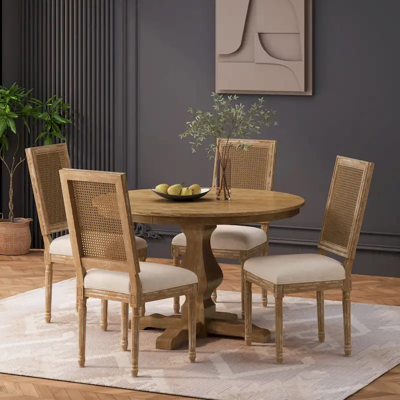 Wood and Cane Upholstered 5-Piece Circular Dining Table and Chairs