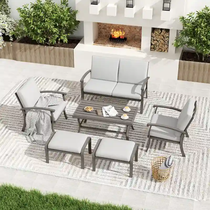 6-Piece Aluminum Patio Conversation Set with Coffee Table, Loveseat, Ottoman and Light Gray Cushions