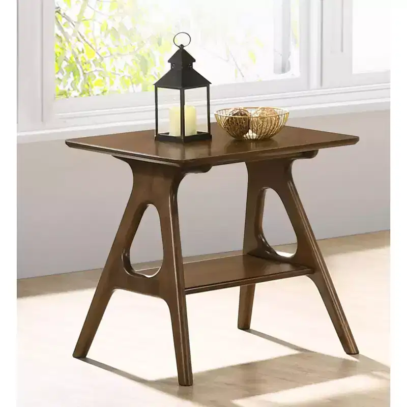 Okak Mid-Century End Table with Rubberwood Legs, Side Table with Bottom Shelf, Narrow Side Table for Small Space, Living Room, Brown