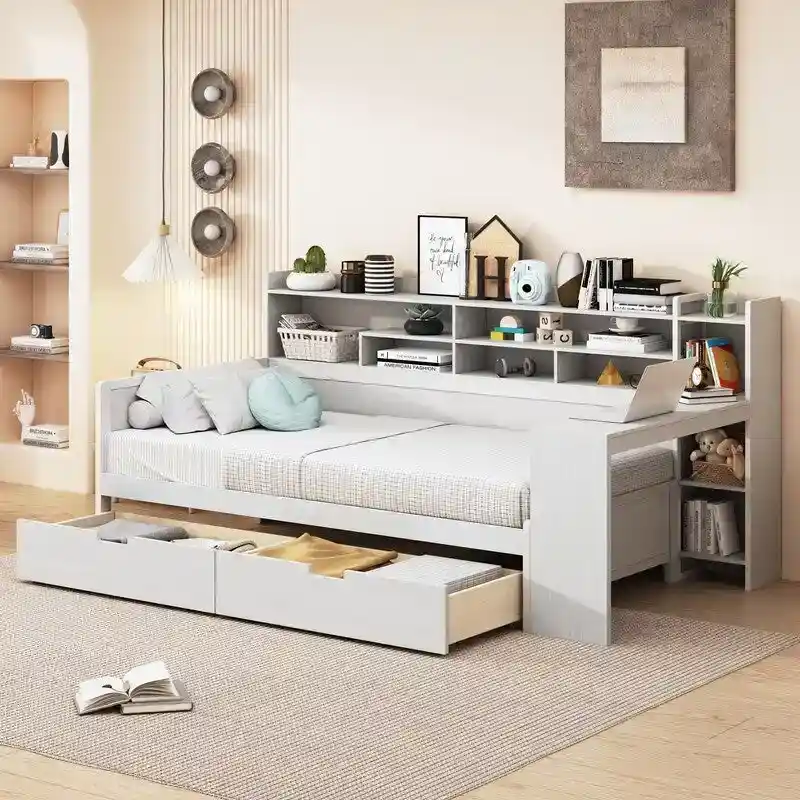 Twin Size Wooden Daybed with Storage Shelves, 2 Drawers and Study Desk