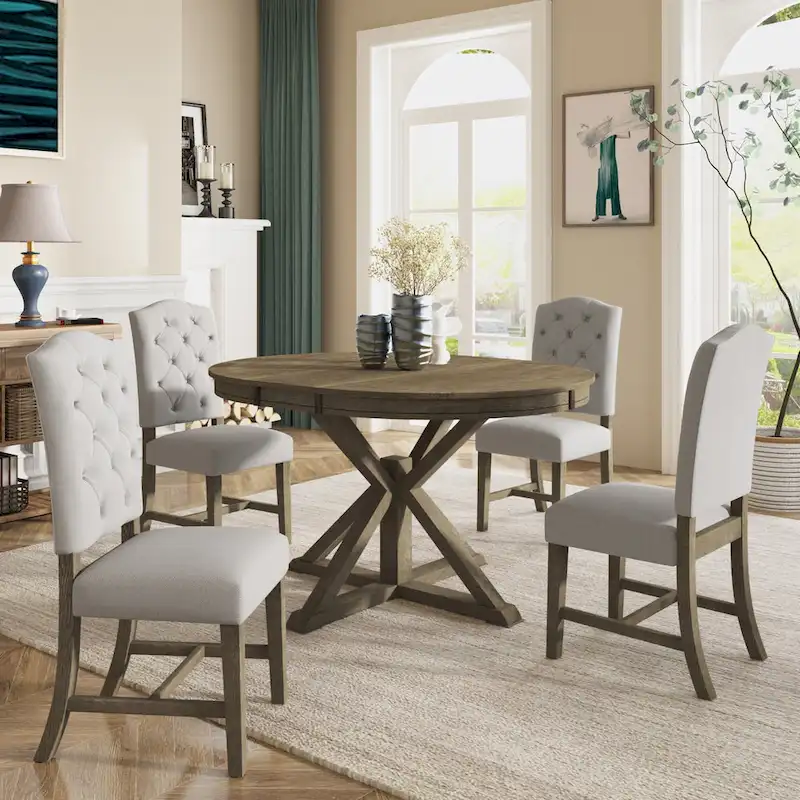Dining Table Set with Extendable Table and 4 Upholstered Chairs