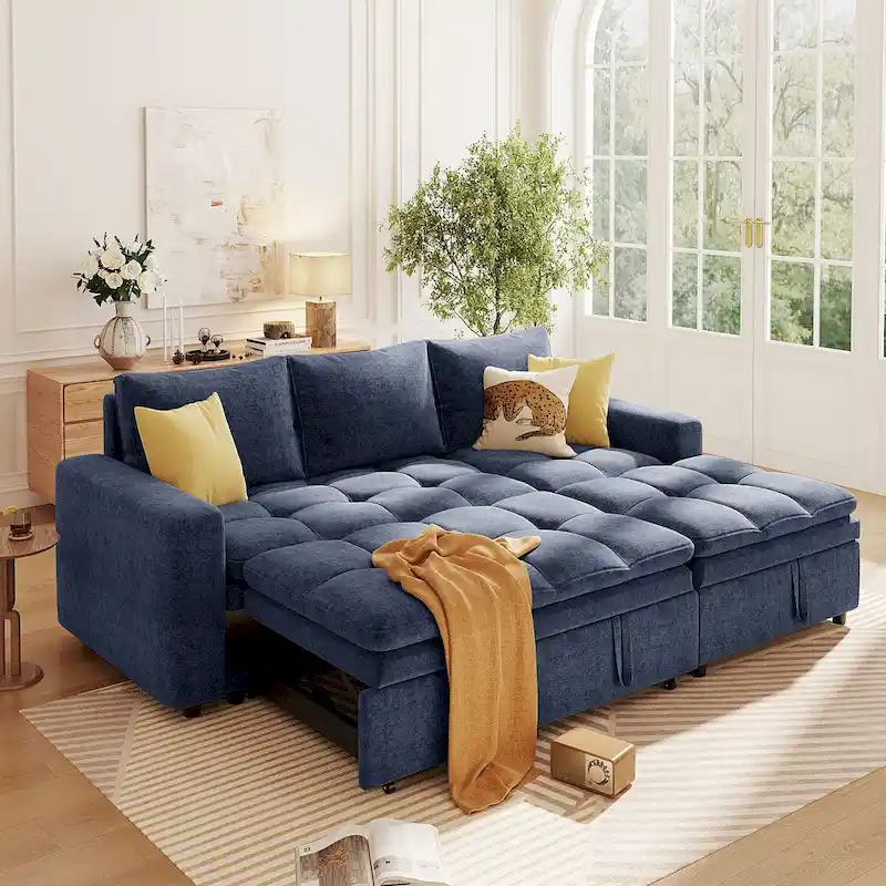 Blue L-Shaped Sectional Sofa Bed with Storage, Soft Chenille Fabric