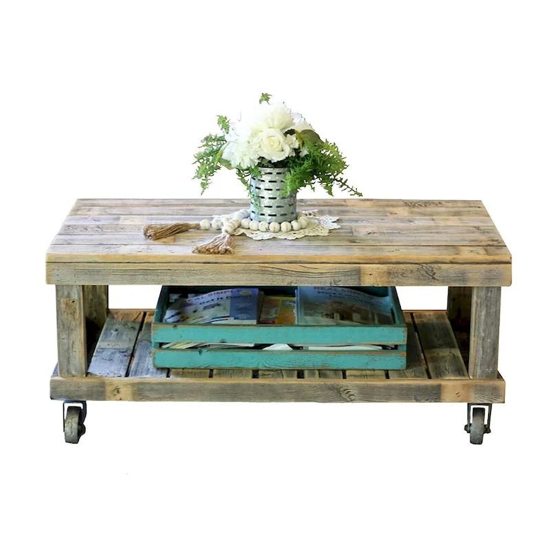 Reclaimed Wood Coffee Table with Caster Wheels – Natural, Rustic / Vintage Style