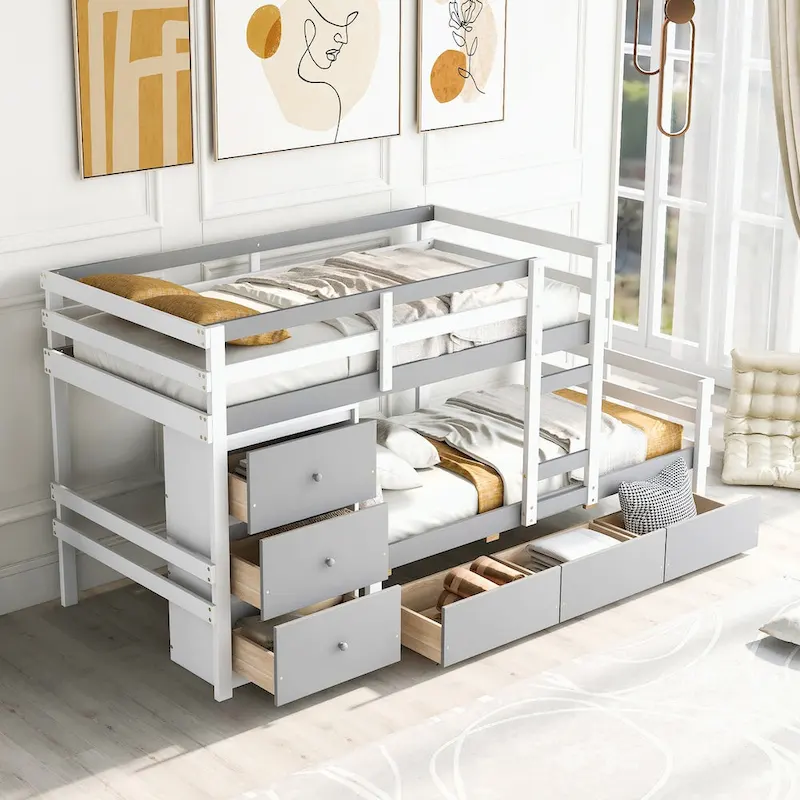 Natural/Grey Twin over Twin Loft Bunk Bed with 6 Drawers & Ladder, Sleeps 2