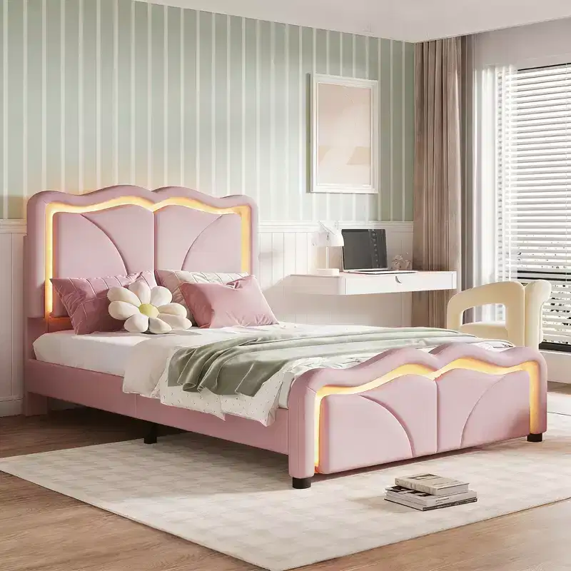 Luxystar PU Upholstered Platform Bed with Height-adjustbale Headboard for Kids? Room, Pink