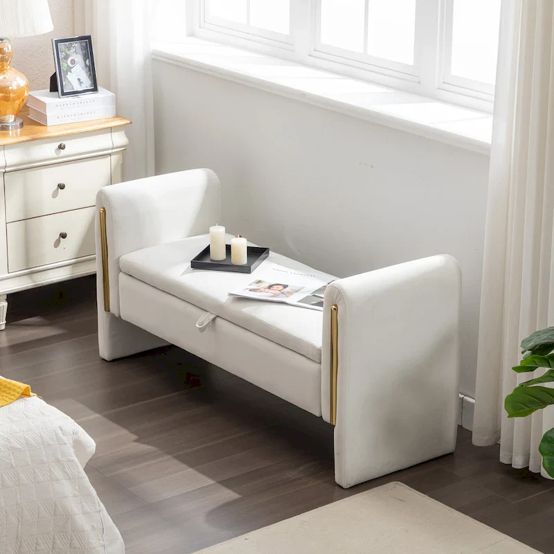 Light Grey / Ivory Velvet Storage Bench with Armrest, Modern Style, Single Seat