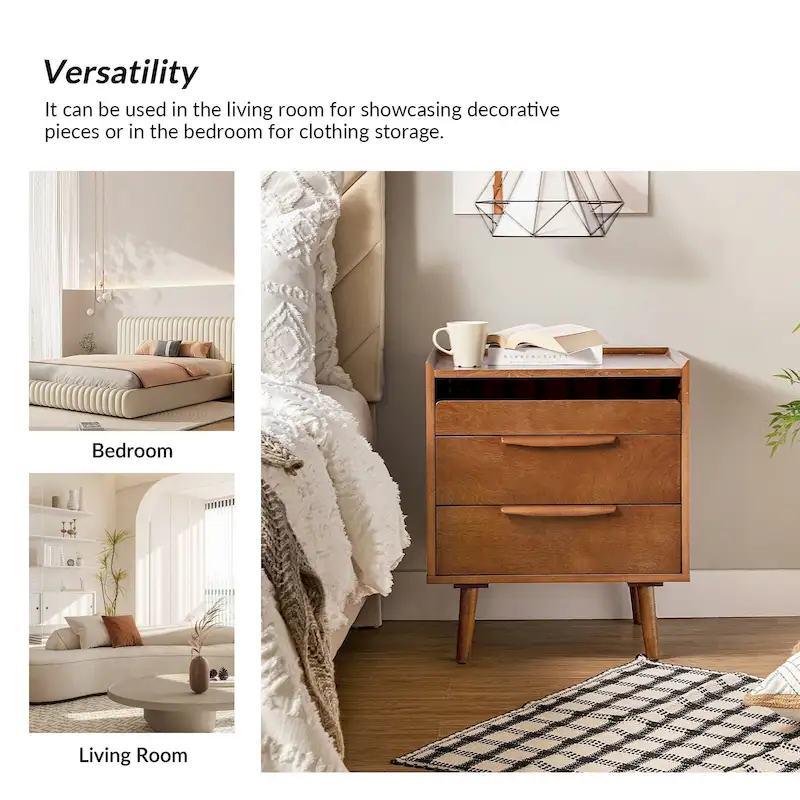 Lisa Mid-Century Modern 3-Drawer Nightstand with Charging Station by HULALA HOME