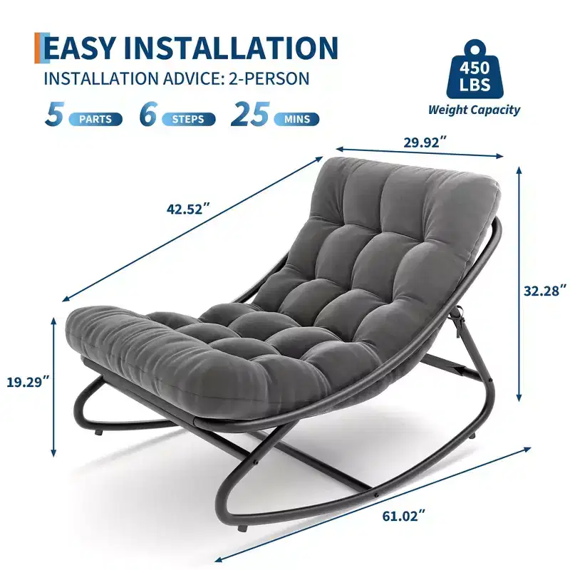 Egg-Shaped Papasan Rocking Chair with Cushion - 450 lbs Capacity, E-Coated Iron Frame, Indoor/Outdoor Recliner for Living Room, Patio, Porch, Garden