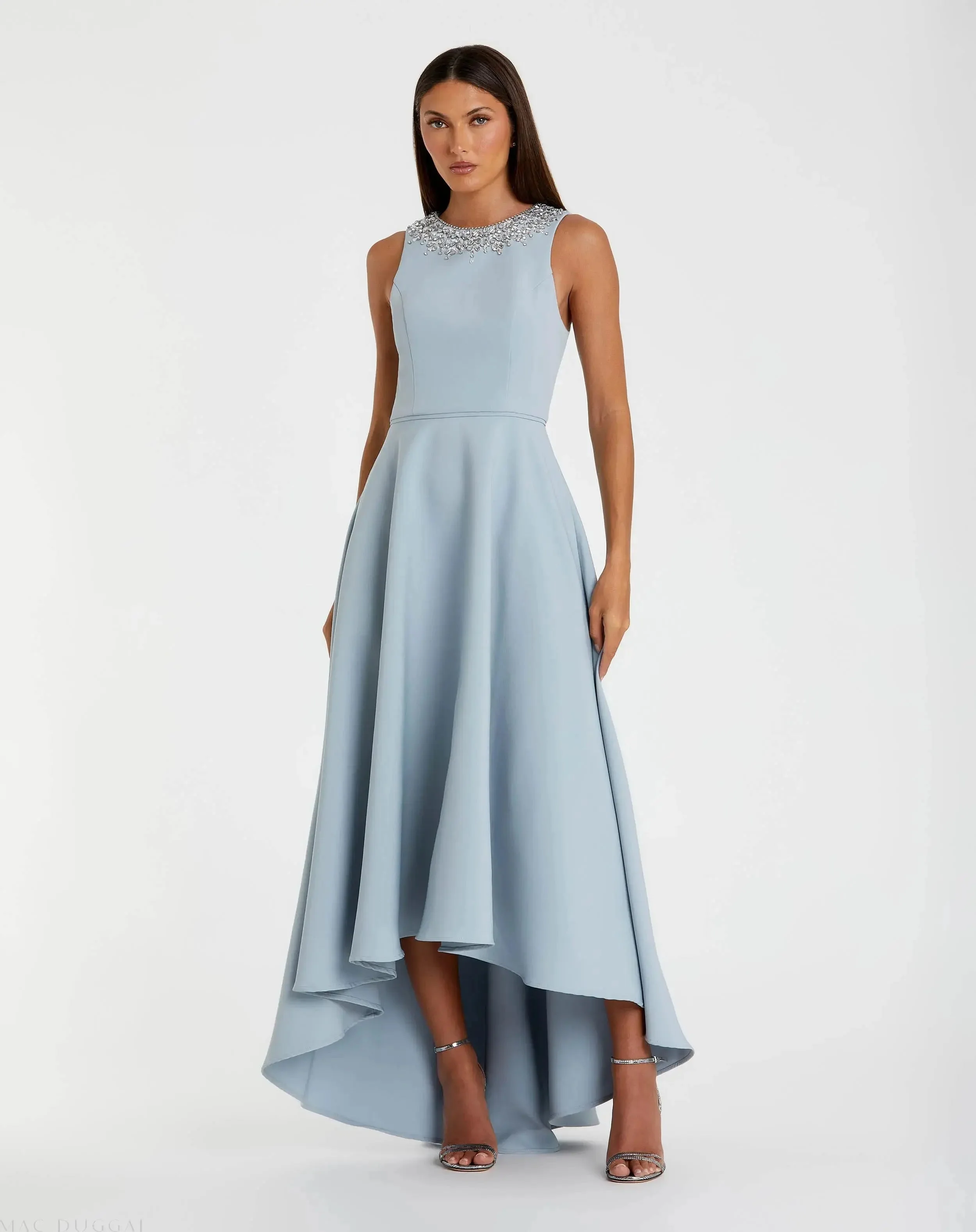 Crepe Embellished Neck High Low Gown