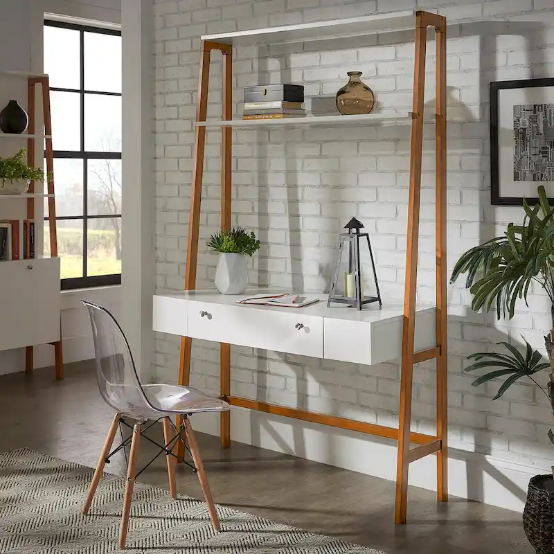 White Ladder Leaning Desk, Single-Person, with Optional Bookcases
