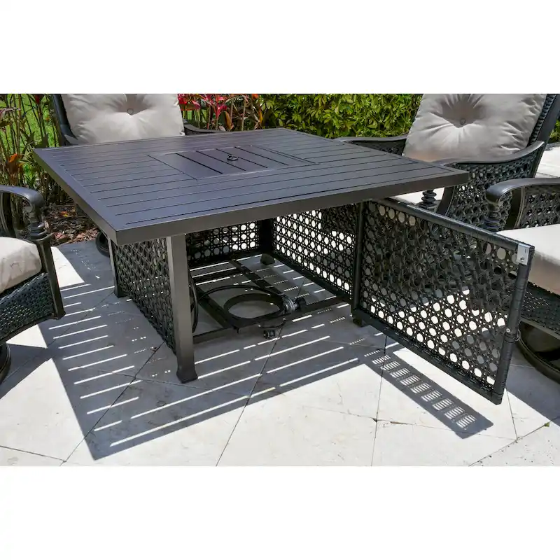 Monterey Backyard Casual Conversation Propane Fire Pit Chat Table Set with Motion Swivel Rocking Club Chairs - N/A