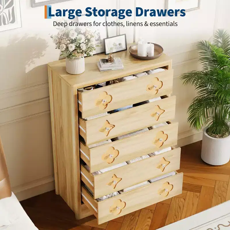 Boho Rattan Fluted Dresser, 5 Drawer Tall Wooden Storage Cabinet for Bedroom, Closet, Nursery, Living Room, Natural Finish