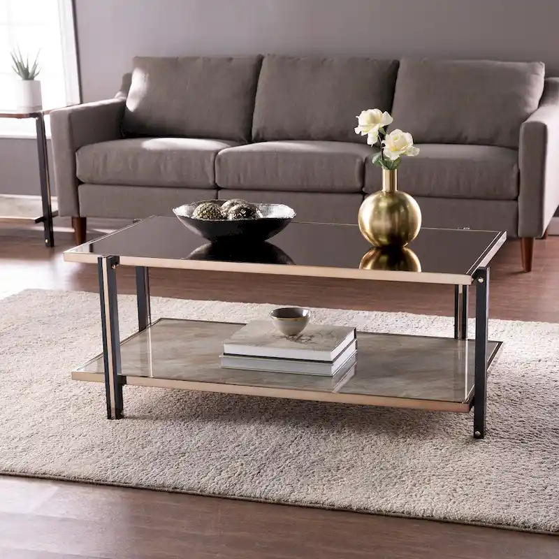 Cocktail Table With Champagne-hued Frame And Smoky Mirrored Tabletop, For Living Room, Bedroom