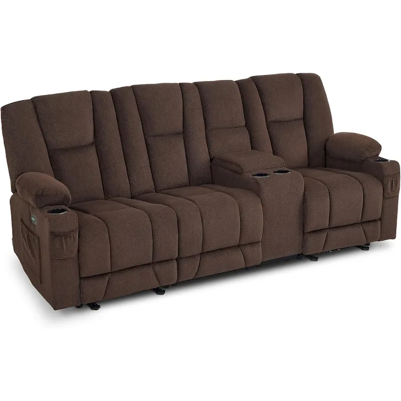 Electric Power Reclining Sofa with Massage and Lumbar Heat, Fabric