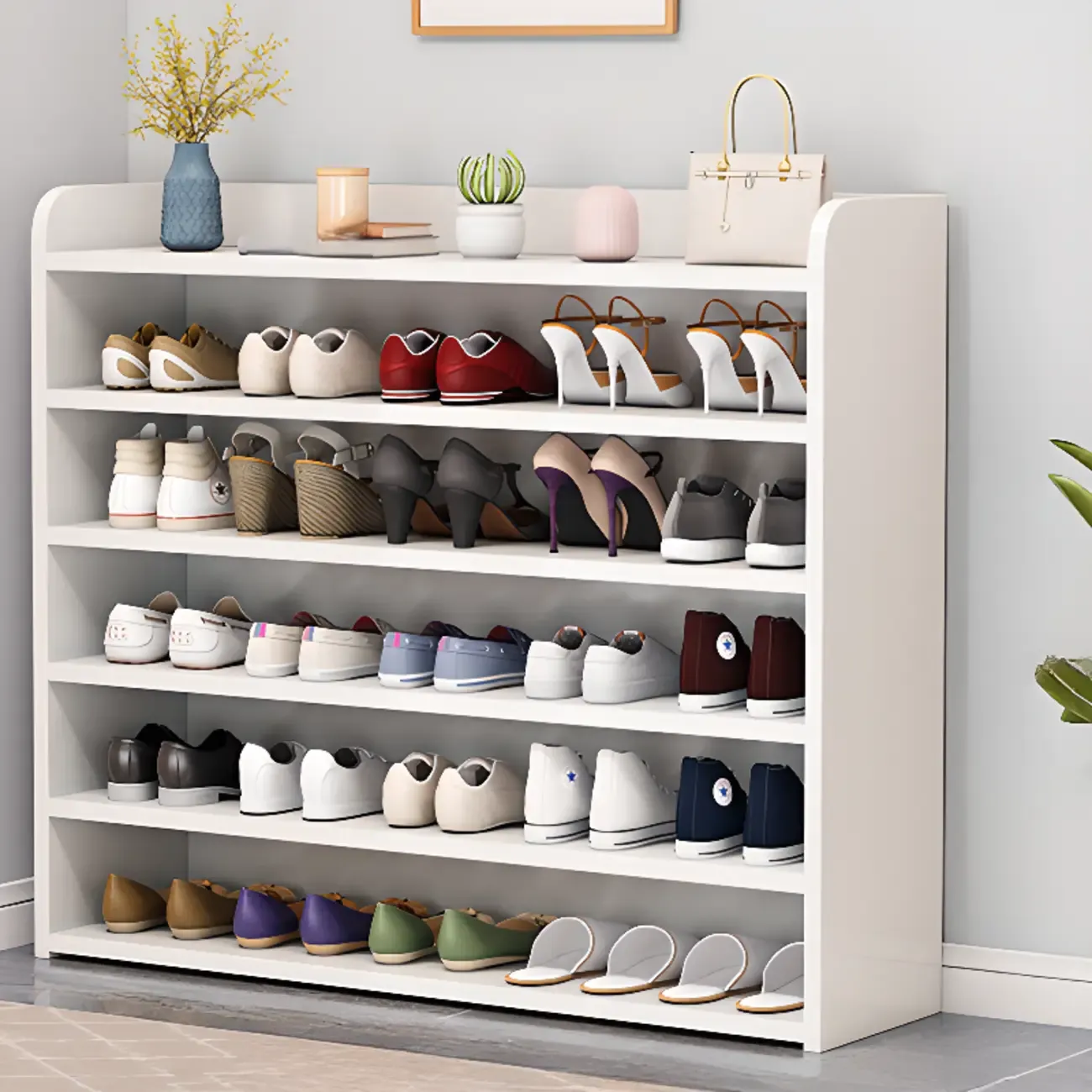 Vertical White Wooden Hallway 6-Tier Open Shoe Rack
