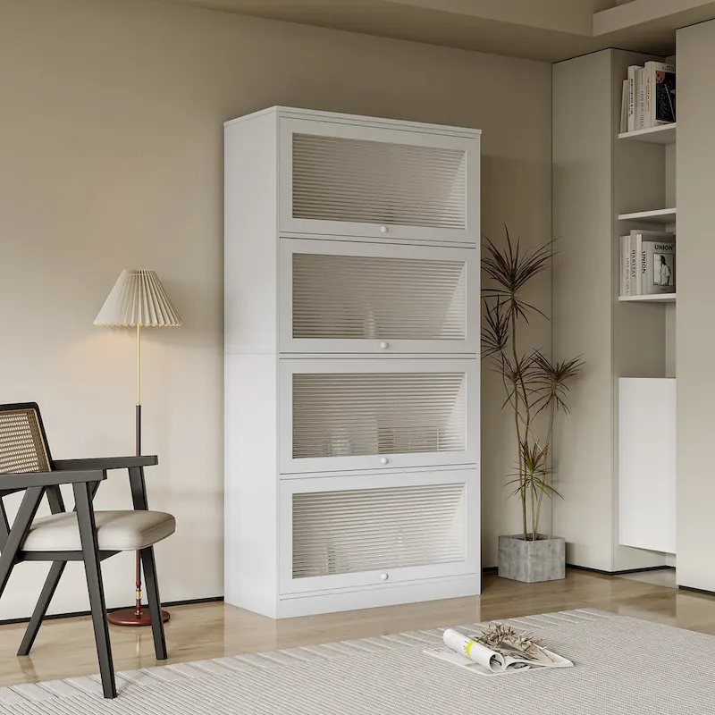 Walnut Brown / White Glass Door Storage Cabinet – Flip-Up Style, 1-Person Assembly