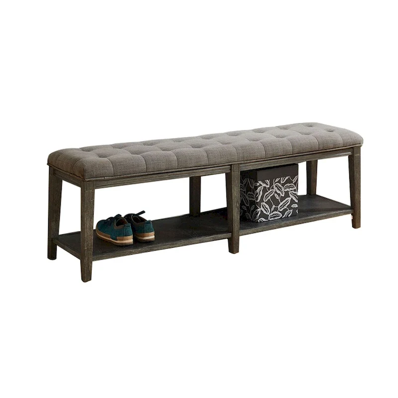 Hallway Bench with Button Tufted Seat and Open Bottom Shelf
