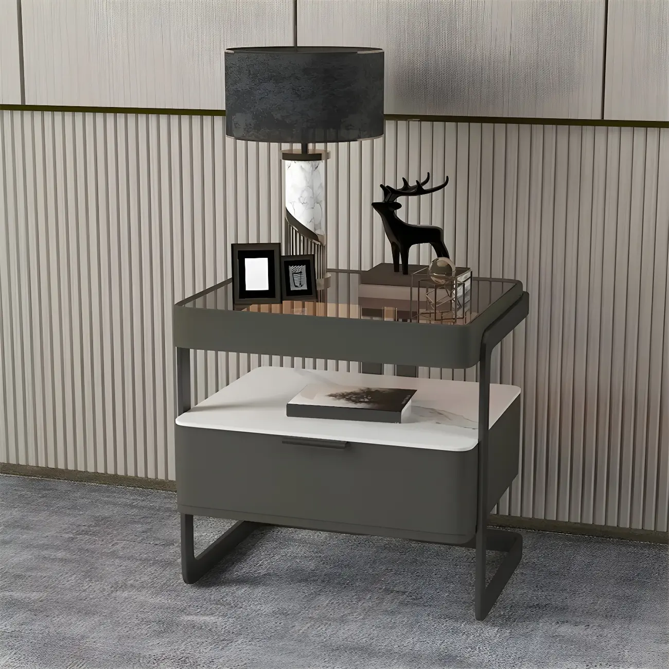 Modern Wood Nightstand with Glass Countertop and Drawer